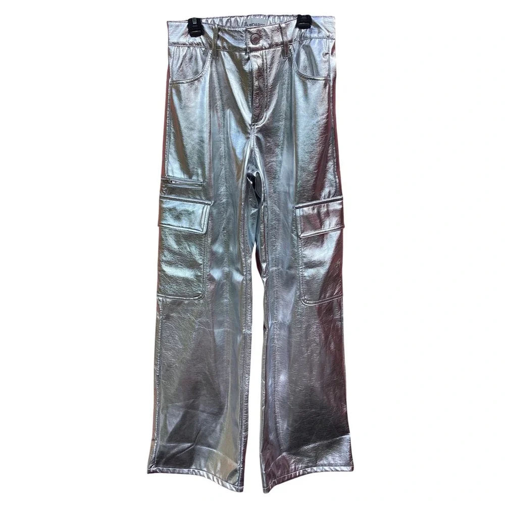 No Boundaries Metallic Silver Cargo Pants Wide Leg Faux Leather Festival S 4-6